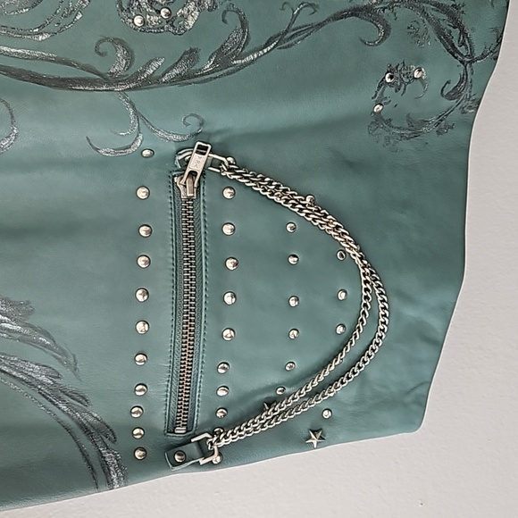 Free People x Nigel Preston Chain Embellished Biker Jacket Aqua - Picture 8 of 17
